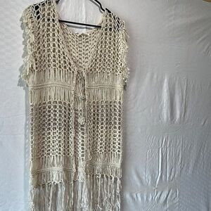 Crochet Fringe One Piece Swimsuit Cover-Up - Cream